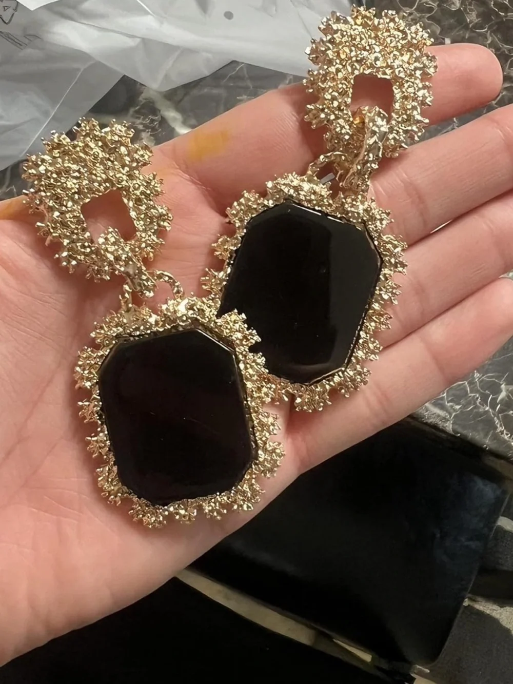 Anthropologie Gold and Black Ornate Drop Earrings